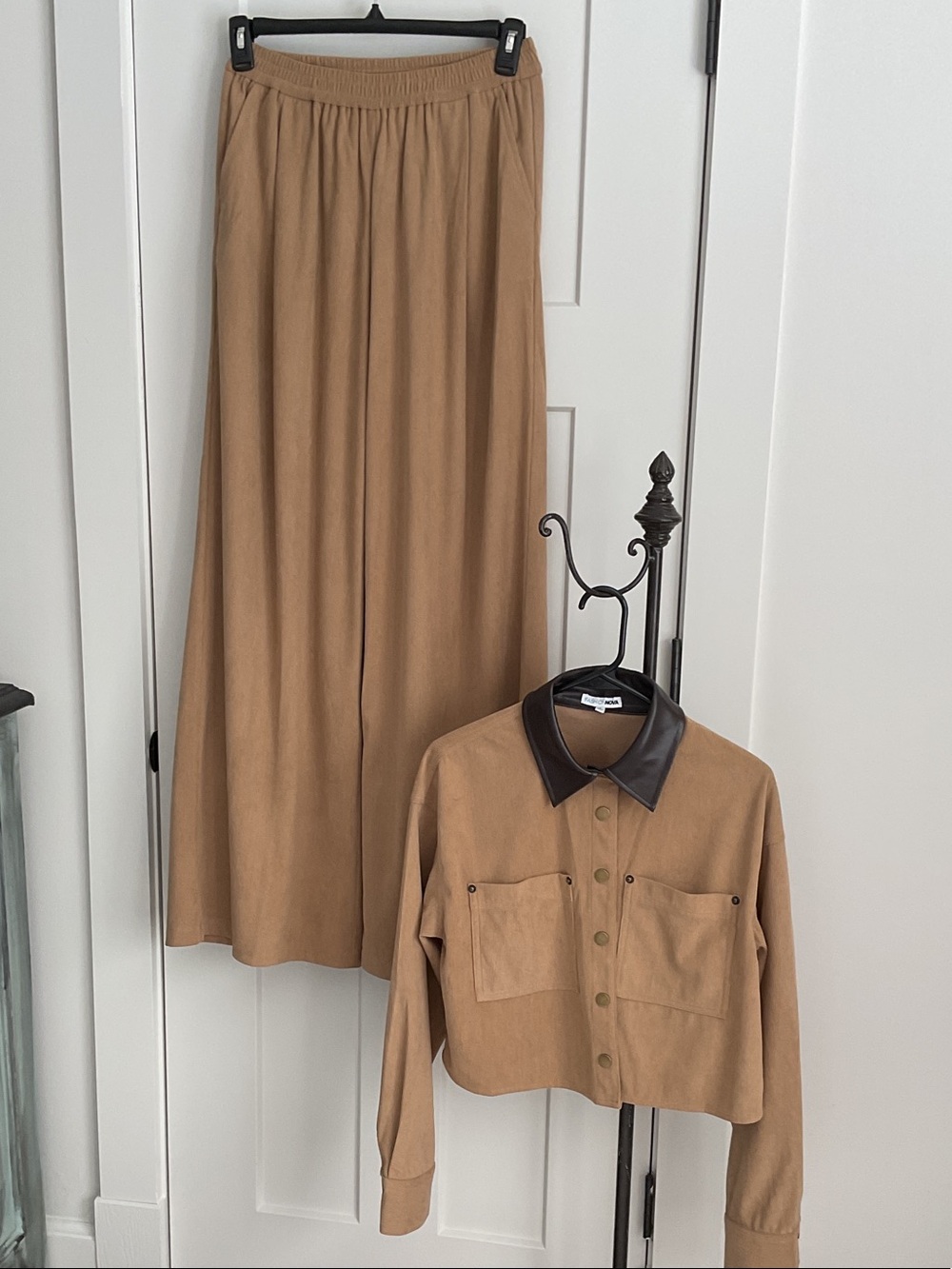 Fashion Nova Tan Relaxed Two-Piece Set with Dark Faux Leather Collar